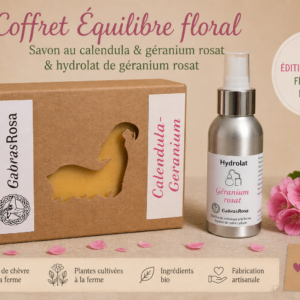 Coffret fête des mères équilibre floral, avec un savon calendula-géranium et un hydrolat géranium